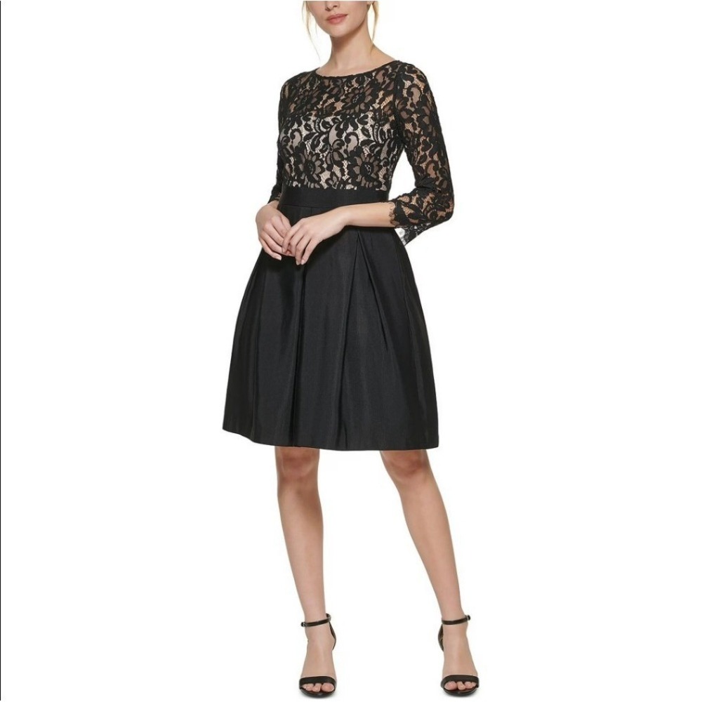 Eliza J Black Lace Short Cocktail Party Dress Pocket M 8 Fit Flare Sheer Evening
